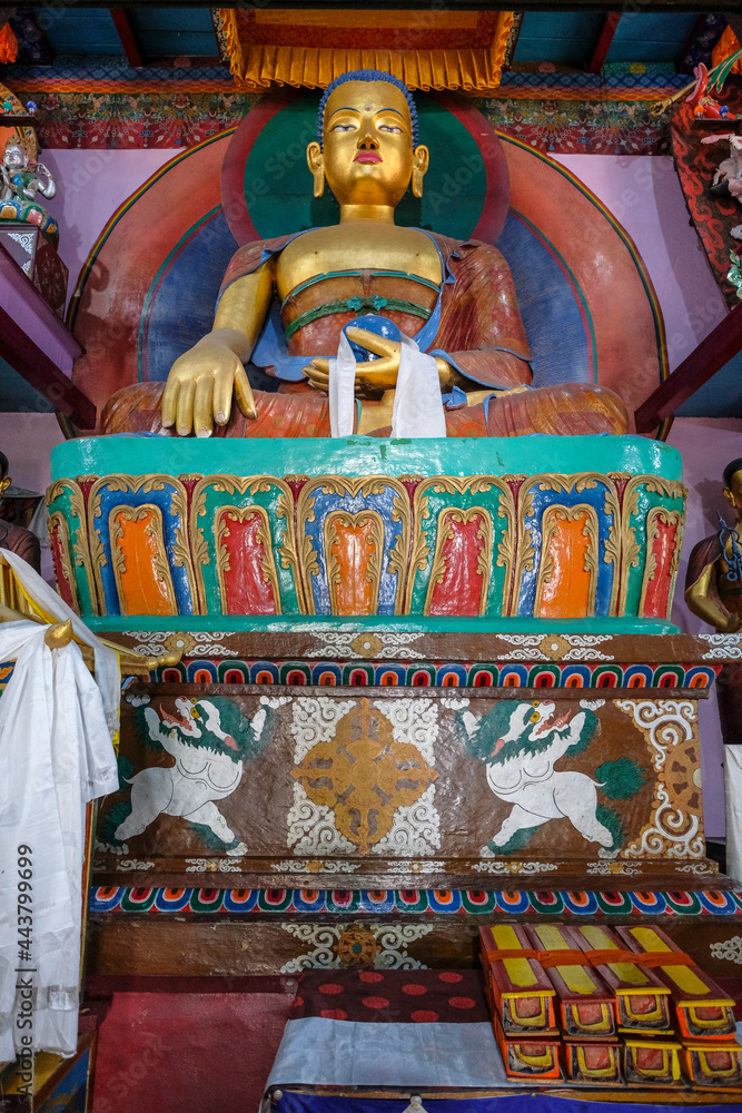 Manali, India - June 2021: Himalayan Nyingmapa Gompa is a Buddhist monastery located in Manali on June 26, 2021 in Himachal Pradesh, India.