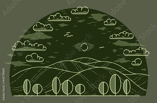 Beautiful scenic grasslands and trees vector linear illustration on dark, outdoor hiking camping ant travel active lifestyle, line art drawing nature.