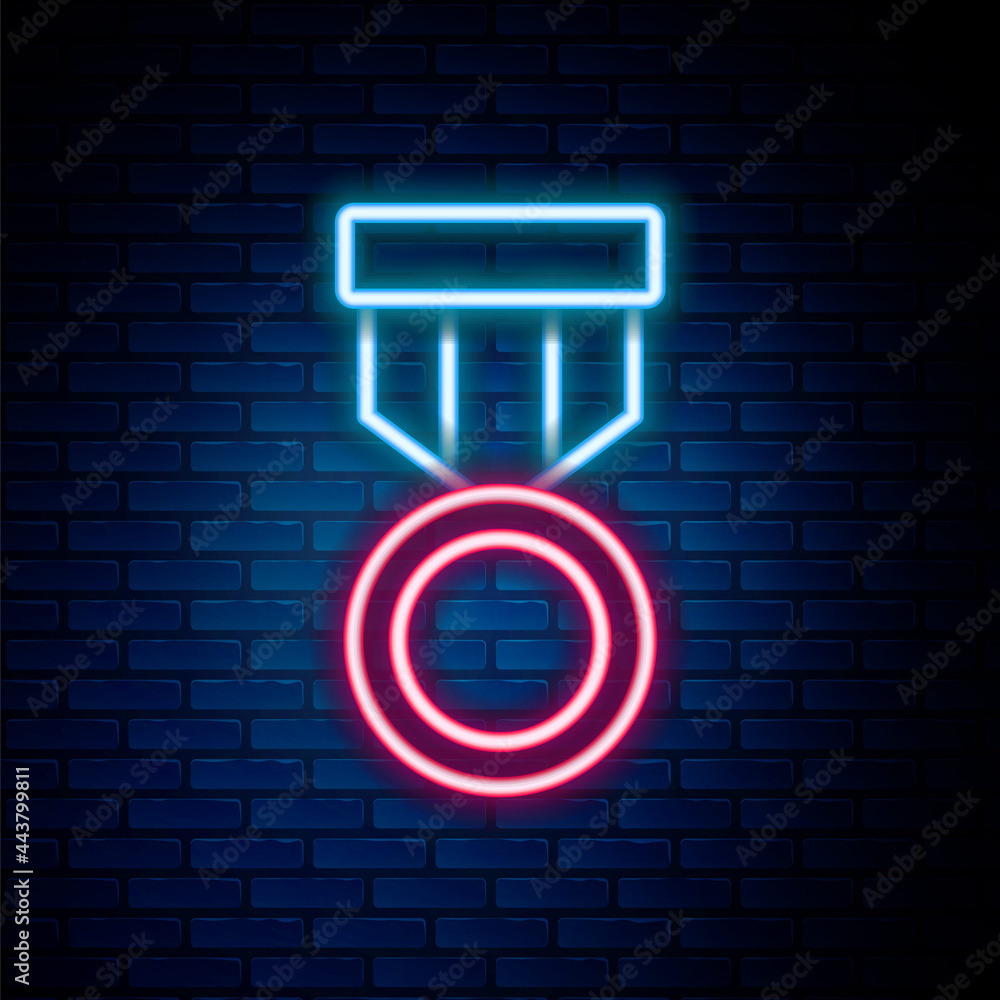 Glowing neon line Military reward medal icon isolated on brick wall background. Army sign. Colorful outline concept. Vector Glowing neon line Military reward medal icon isolated on brick wall background. Army sign. Colorful outline concept. Vector