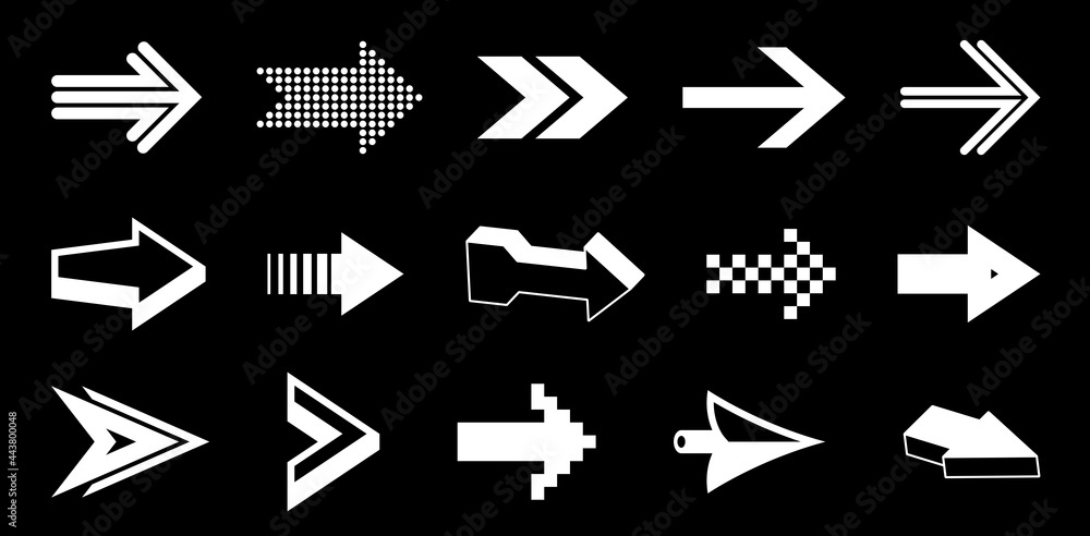 Arrow symbols big set of different shapes styles and concepts, cursors for icons or logo creation, single color monochrome logotypes.