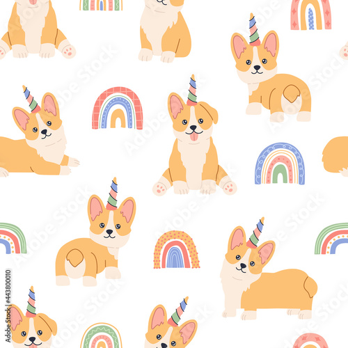 Kawaii corgi unicorn with colourful horn, rainbow at back, little magic pet dog with cute face. Doggy seamless pattern on white background. Hand drawn trendy modern illustration in flat cartoon style