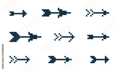 8 Bit pixel tribal arrows vector set of icons, collection of arrow from bow direction cursors in old PC or gaming console style, single color symbols for logos.