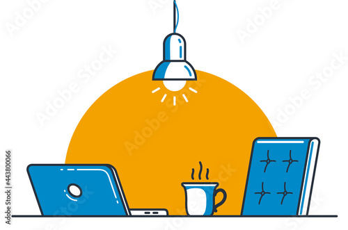 Work desk flat illustration isolated over white, office or home working place vector modern illustration, empty chair nobody vacant job concept, comfortable space for work.