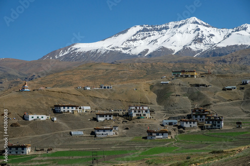 Panoramic view of Langza village in the Spiti valley in the Himalayas, Himachal Pradesh, India.