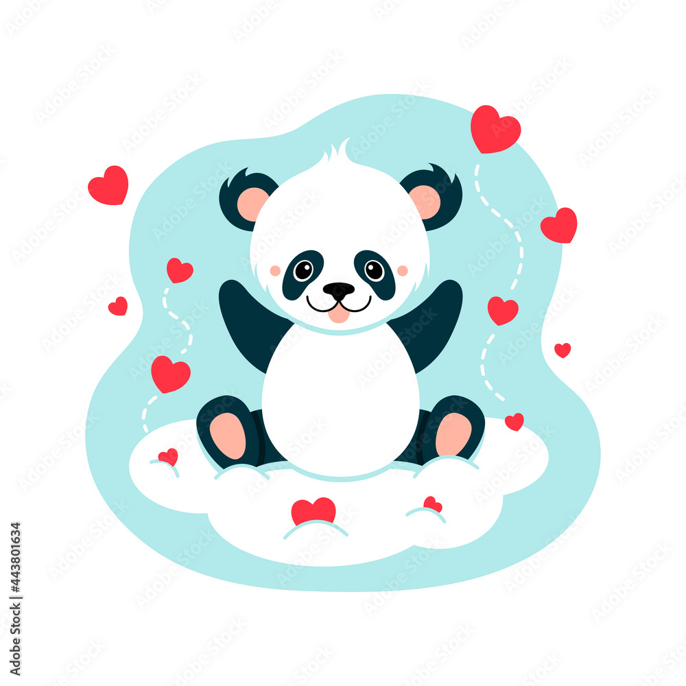 Cute panda seeting on cloud. Baby animal concept illustration for nursery, character for children