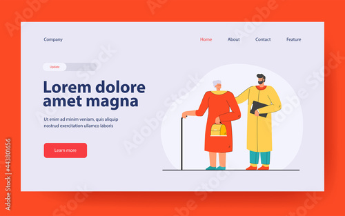 Doctor and elderly woman flat vector illustration. Medicine worker helping woman of age with cane, giving her recommendations, and providing medical treatment. Help, medicine, maturity, care concept