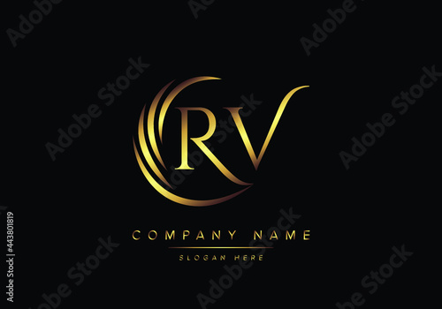 alphabet letters RV monogram logo, gold color elegant classical