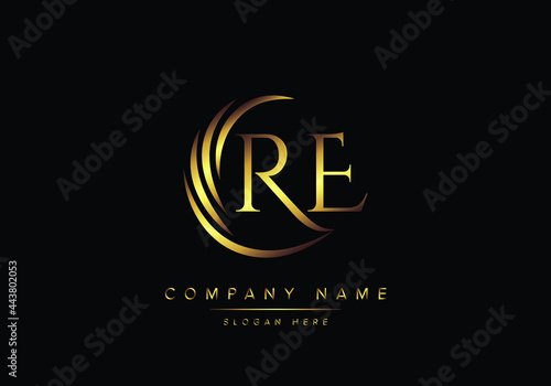 alphabet letters RE monogram logo, gold color elegant classical