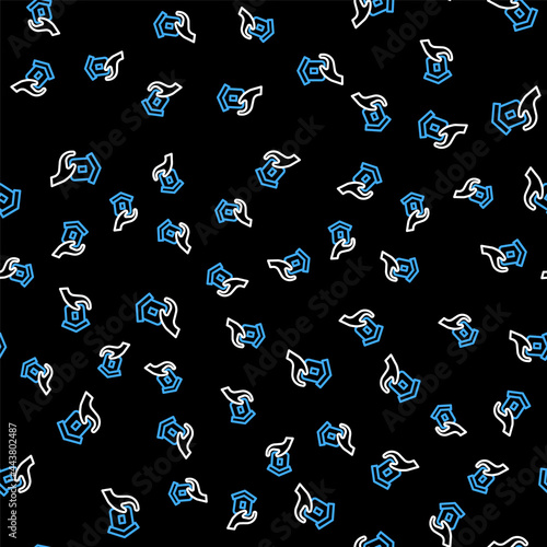 Line Shelter for homeless icon isolated seamless pattern on black background. Emergency housing, temporary residence for people, bums and beggars without home. Vector