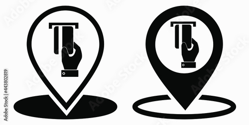 Location and bank card icon. GPS ATM. Payment by card. Geotag of cashless settlement. Vector icon.