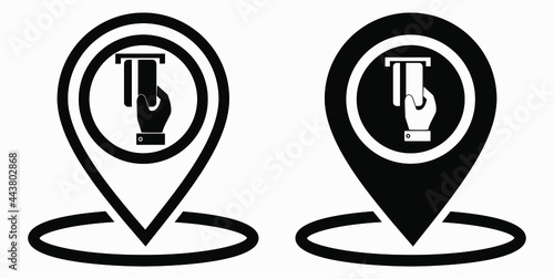 Location and bank card icon. GPS ATM. Payment by card. Geotag of cashless settlement. Vector icon.
