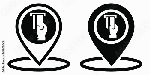 Location and bank card icon. GPS ATM. Payment by card. Geotag of cashless settlement. Vector icon.