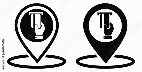 Location and bank card icon. GPS ATM. Payment by card. Geotag of cashless settlement. Vector icon.