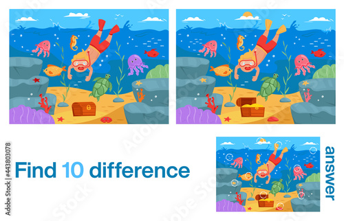Young man dives under water for treasure. Illustration of the underwater world. Find 10 differences. Educational game for children. Cartoon vector illustration