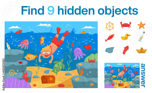 Find 9 hidden objects in the picture. Young man dives under water for treasure. Vector illustration of the underwater world. Educational game for children