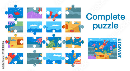 Puzzle game for children. Young man dives under water for treasure. Vector illustration of the underwater world