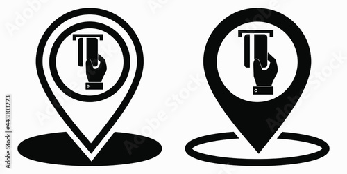 Location and bank card icon. GPS ATM. Payment by card. Geotag of cashless settlement. Vector icon.