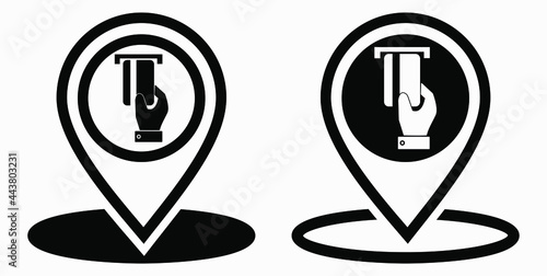 Location and bank card icon. GPS ATM. Payment by card. Geotag of cashless settlement. Vector icon.