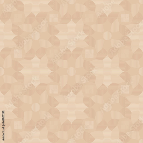 Seamless pattern. Abstract texture. Geometric flowers. Striped checkerboard. Beige shades.