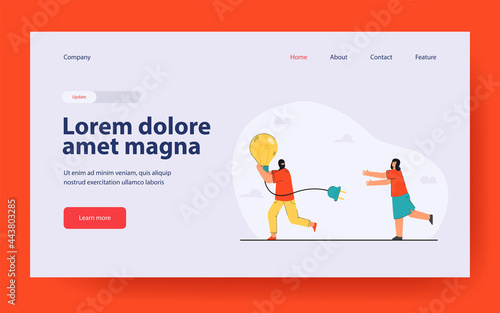 Man running away with stolen idea symbolized by light bulb. Man stealing light bulb from woman. Female character chasing thief in mask. Idea theft concept for banner, website design or landing page