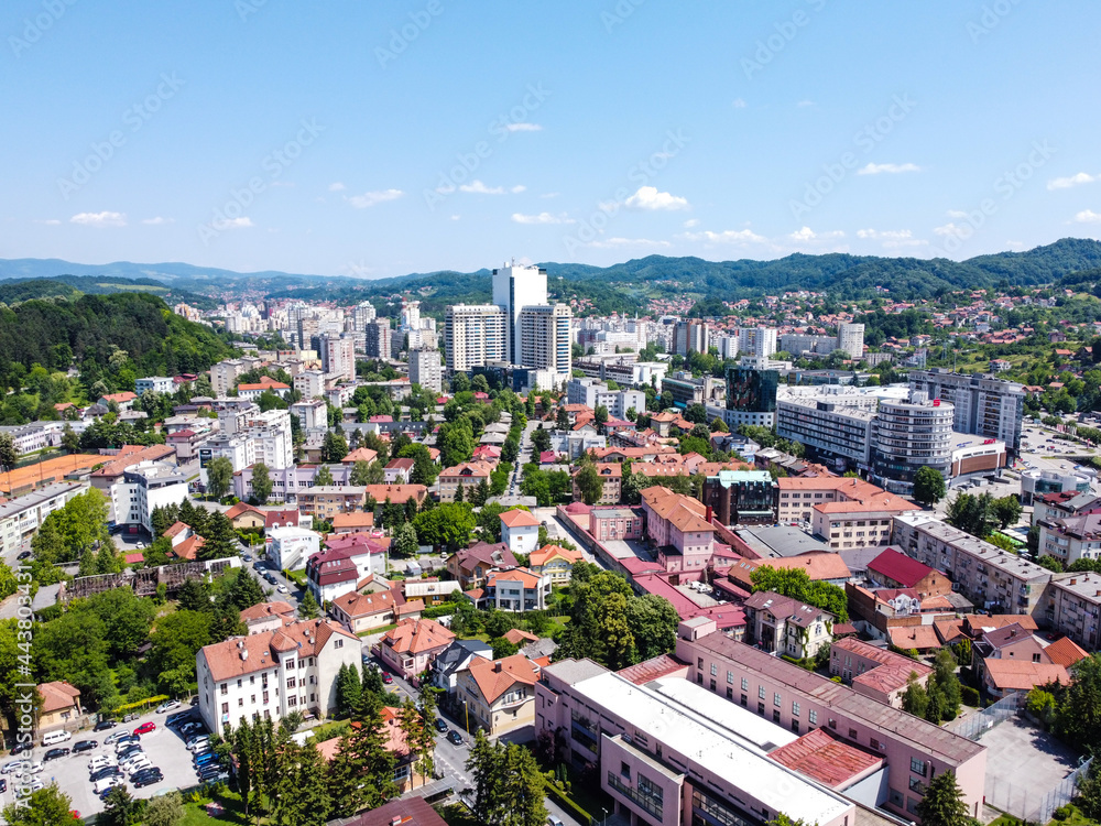 Aerial drone view of city of Tuzla, Bosnia and Herzegovina. Buildings,  streets and residential houses. Tuzla is a town and municipality in north  BiH, Europe. Stock Photo | Adobe Stock