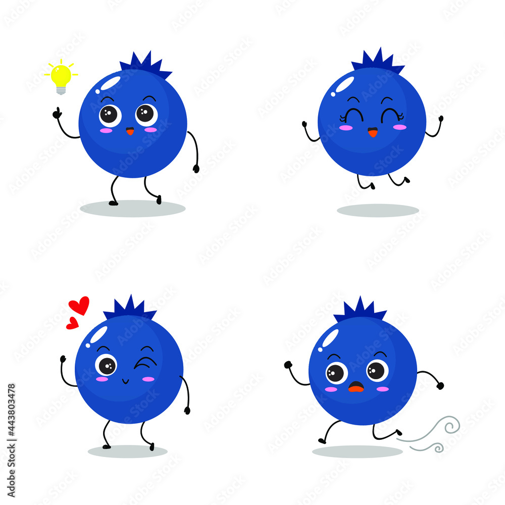 Fototapeta premium Vector illustration of a flat blueberry character with adorable expression, isolated on white background, simple minimal style, fresh fruit for mascot collection, emoticon