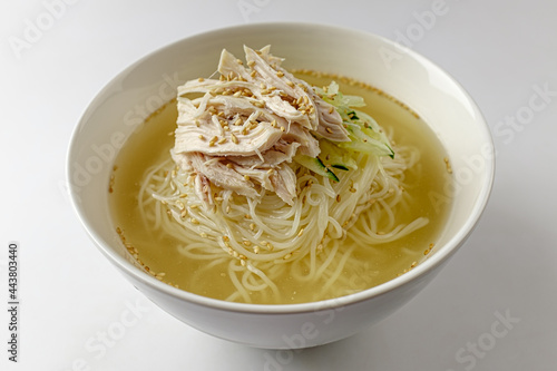 Chicken cold noodles on a white background