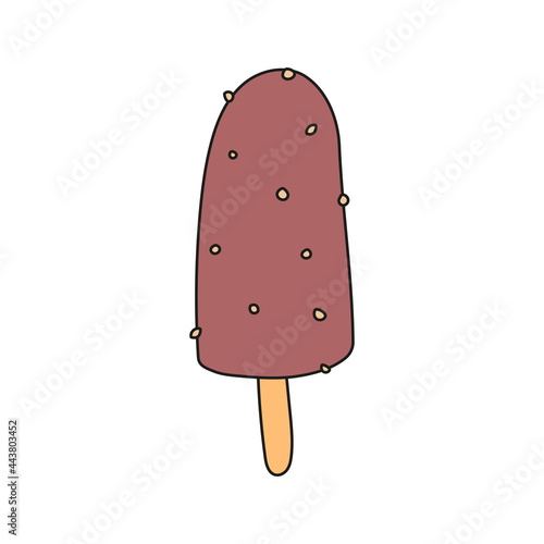 Chocolate flavored ice cream on a stick with crashed nuts. Flat design. Isolated flat vector illustration on white background