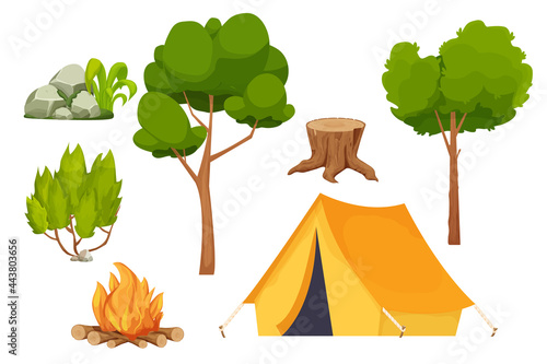 Set camping campfire, tent, bush, forest trees, old stump and stone pile with moss in cartoon style isolated on white background. Forest activity, vacation. Vector illustration