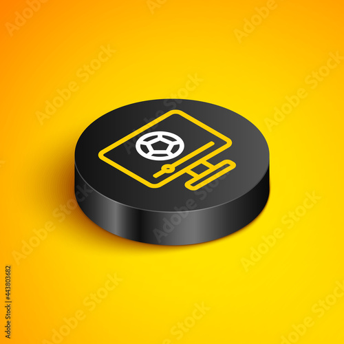Isometric line Football soccer match on TV icon isolated on yellow background. Football online concept. Black circle button. Vector