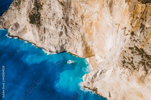Aerial view of limestone cliffs of Navagio or Shipwreck Beach on Zakynthos Island, Greece. Summer vacation travel concept