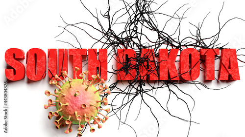 Degradation and south dakota during covid pandemic, pictured as declining phrase south dakota and a corona virus to symbolize current problems caused by epidemic, 3d illustration photo
