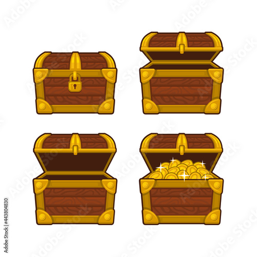 Treasure Box Set. Wooden Chest with Gold Coins. Vector