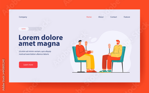 Two cartoon men taking off their masks, becoming sincere. Flat vector illustration. Men sitting opposite each other, holding face masks, hiding feelings. Dissimulation, honesty, disguise concept
