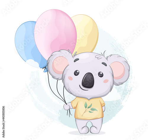 Funny koala with balloons. Cute cartoon character