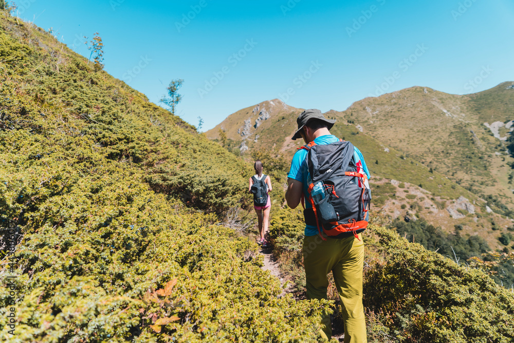 Hikers walking on mountain trail in the bushes