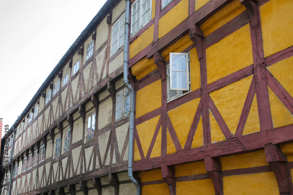 Historic timbered wooden buildings in the center of the city, Aalborg, Denmark, Europe.