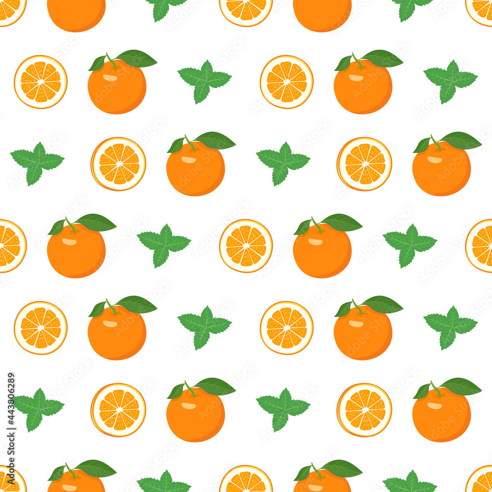 Seamless bright spring and summer pattern with oranges and slices on a white background. A set of citrus fruits for a healthy lifestyle. Vector flat illustration of healthy food