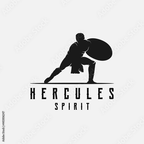 Quadro su tela hercules holding shield, muscular myth greek warrior silhouette logo design temp