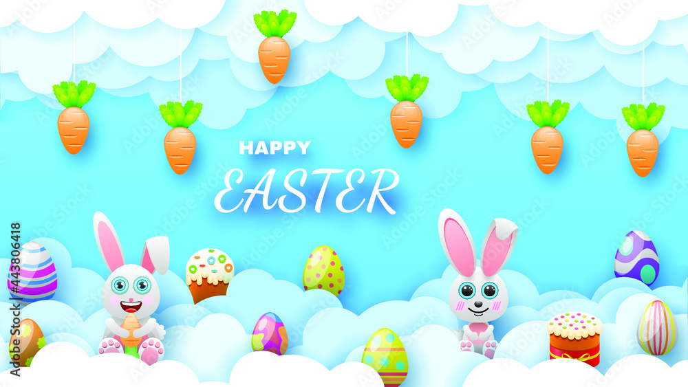Obraz premium Happy Easter Clouds Rabbits Hares Bannies Carrots Eggs Greeting Background. Vector Design Banner Party Invitation Web Poster Flyer Stylish Brochure, Greeting Card Template
