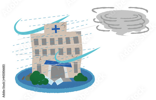 台風の被害に遭う病院のベクターイラスト