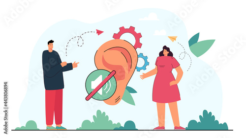 Deaf man and woman communicating through sign language. Disabled people talking, huge ear flat vector illustration. Communication, disability concept for banner, website design or landing web page
