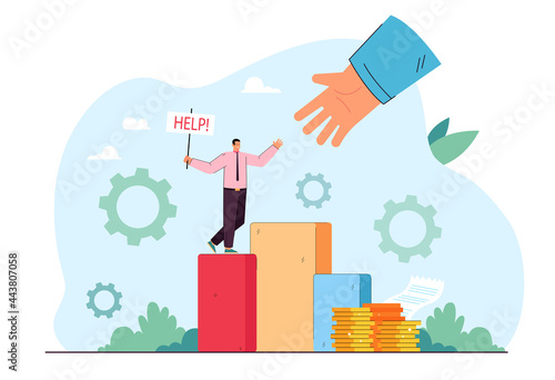 Businessman asking for help. Huge hand rescuing man in emergency flat vector illustration. Teamwork, social community, charity, assistance, solidarity concept website design or landing web page