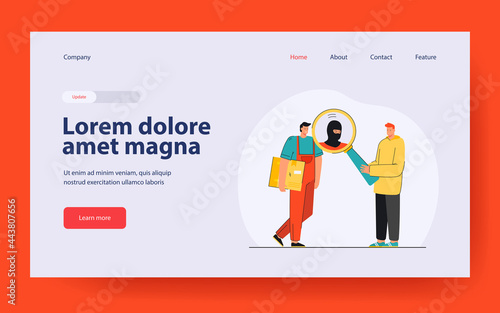 Man suspecting deliveryman in crime. Male character looking at courier suspiciously. Deliveryman holding cardboard box. Suspicion concept for banner, website design or landing web page