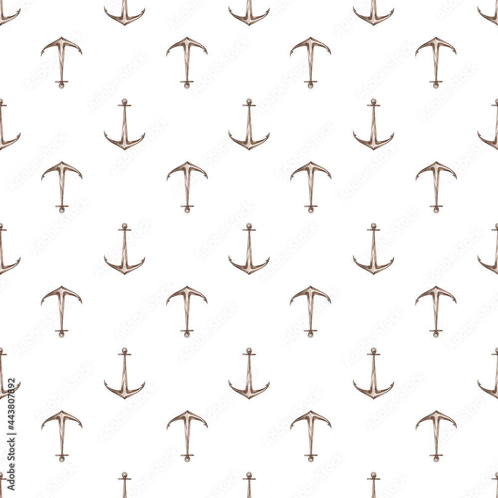 Obraz premium Nautical seamless pattern. Small anchors. Marine fabric, textile, wall, digital paper, packaging design. Watercolor hand painted isolated elements on white background.