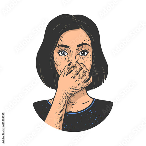 Bad smell stench stink. Girl holding nose with fingers color line art sketch engraving vector illustration. T-shirt apparel print design. Scratch board imitation. Black and white hand drawn image.