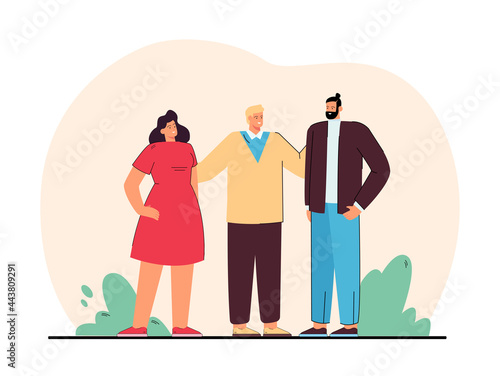 Friends or colleagues standing together. Male and female characters hugging and talking flat vector illustration. Friendship, relationship, teamwork concept for banner, website design or landing page