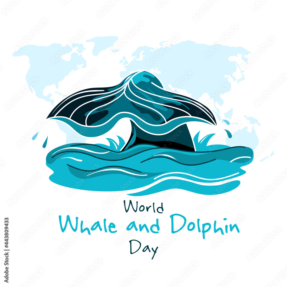 World Whale and Dolphin Day. The tail of a whale above the waves on the background of the world map. Template for a banner, postcard, poster, web greeting. Vector isolated on a white background. World Whale and Dolphin Day. The tail of a whale above the waves on the background of the world map. Template for a banner, postcard, poster, web greeting. Vector isolated on a white background.