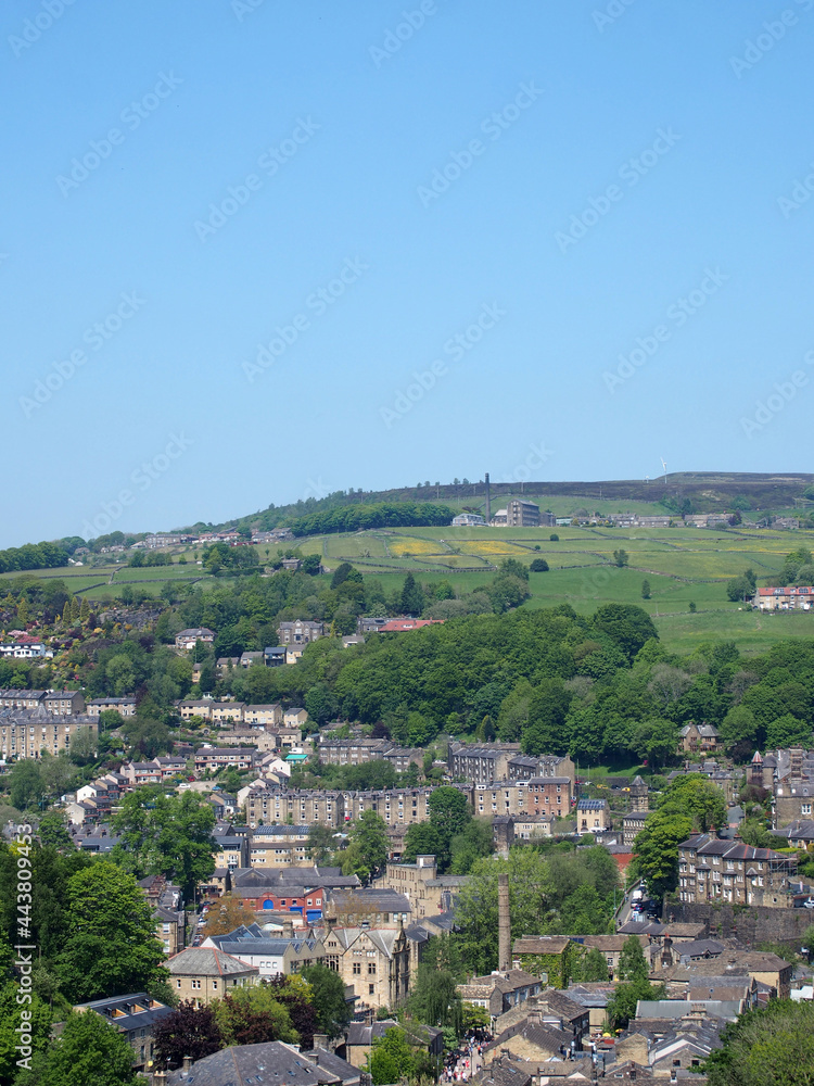 aerial view of the town of hebden bridge in west yorkshire in summer