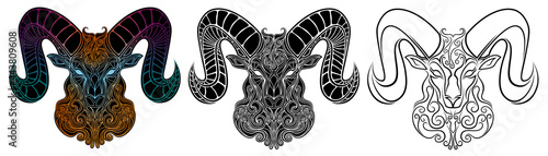 Three variants of the tattoo of a mythical abstract ram. Silhouettes of a ram or goat. Aries. Set of 3 illustrations of a ram with twisted horns. Vector illustration. Aries.